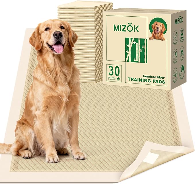 MIZOK Dog Pee Pads Extra Large 28"x34", Bamboo Puppy Pads Super Absorbent & Leak-Proof, 4-Corner Adhesive Tabs, Wee Wee Pads for Dogs, Superior Odor Protection, XL (30 Counts)