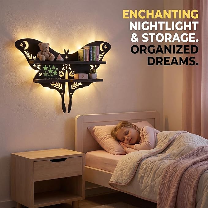 Crystal Display Shelf Wall Moon Shelves Luna Moth Hamsa Hand Holder Floating Wall Mounted Decorative Crystal Shelf (Moth-15 * 10.8inch/38.5 * 27.5cm)