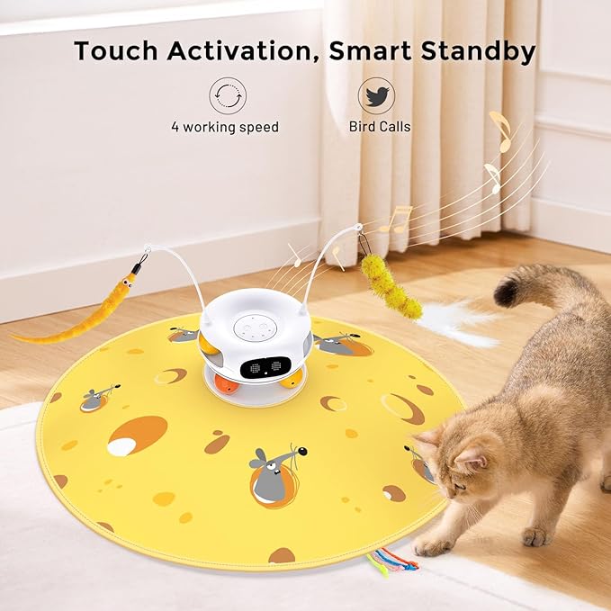 5 in 1 Interactive Cat Toys for Indoor Cats, Hide and Seek Cat Toys with Automatic Laser and Motion Activated, Fluttering Feather & Dual Track Balls with Chirping for All Breeds, Rechargeable