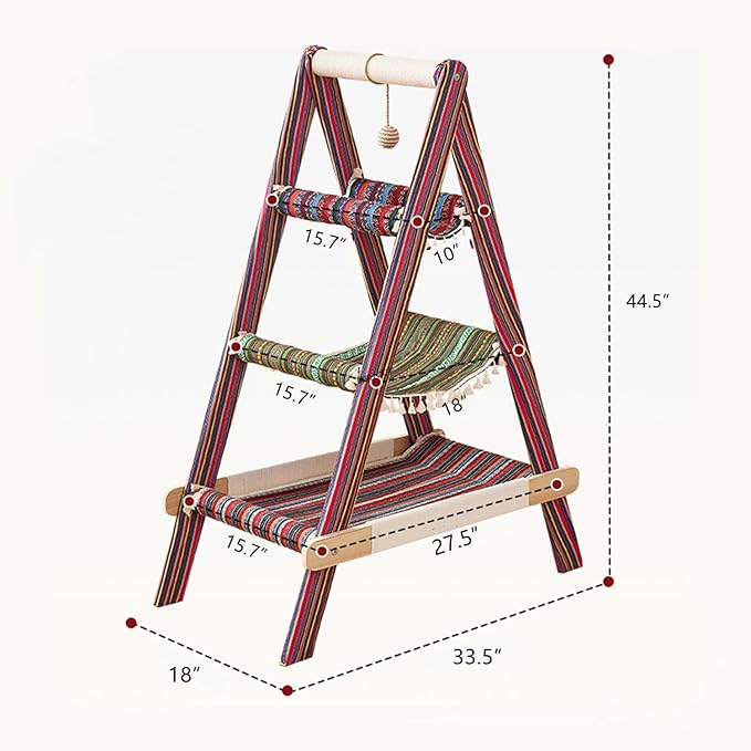 SHENGOCASE 3-Tier Modern Boho Style A Frame Wooden Cat Tree Tower Ladder with Multi-Level Bed Hammock for Large Cat and Sctatching Post, Hanging Toy Ball (Boho)