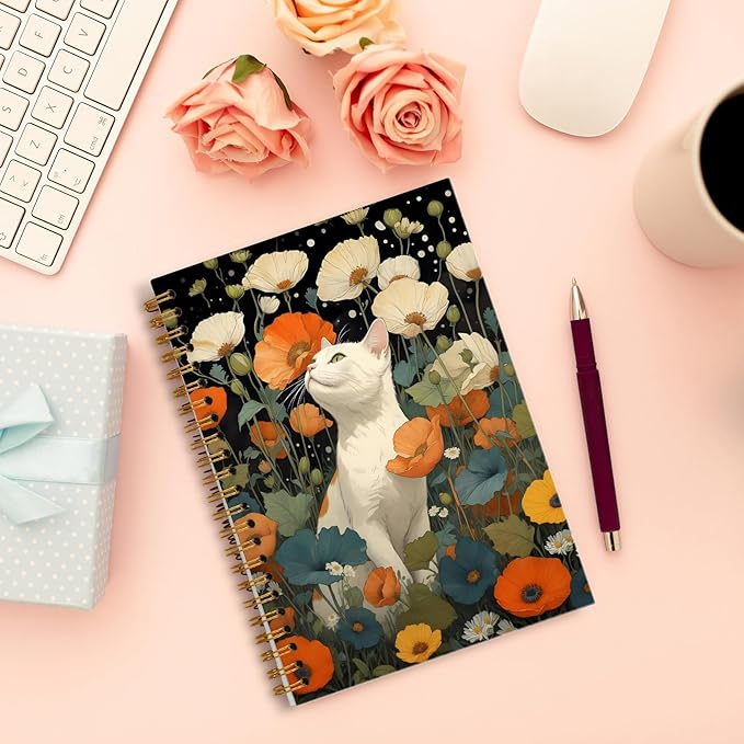 Vintage Floral Cat Notebook, Colorful Cottagecore Wildflower Botanical White Cat Journal for Writing, Cats Mom Lovers Gifts for Women, Spiral Notebook 5.5x8.3 Inch