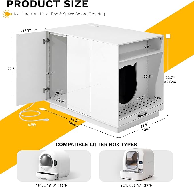 Large Hidden Litter Box Furniture with Led Light & Power Outlets, Modern Cat Litter-Box Enclosure for Self-Cleaning Litter Boxes, Indoor Wooden Storage Cat Cabinet, High-Gloss White