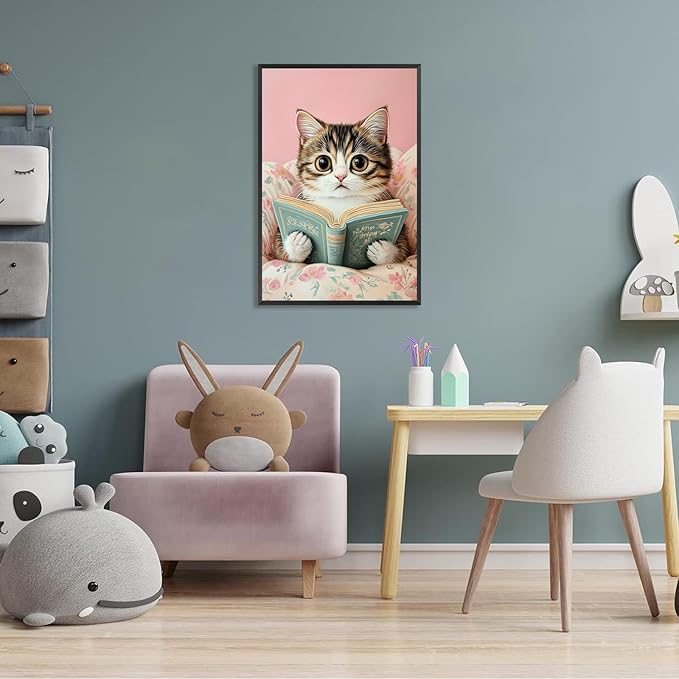 Funky Cute Cats Reading Books Canvas Wall Art Funny Pet Cat Animal Poster Trendy Pink Flower Wall Decor Cat Lovers Prints Painting For Home Bedroom Kids Room Dorm Wall Decor 12x16in Framed