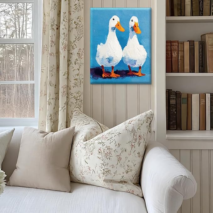Vintage White Ducks Wall Art Decor Cute Rustic Duck Print Picture Cottagecore Wall Decor for Home Farmhouse Living Room 8x10 Inch Canvas Framed