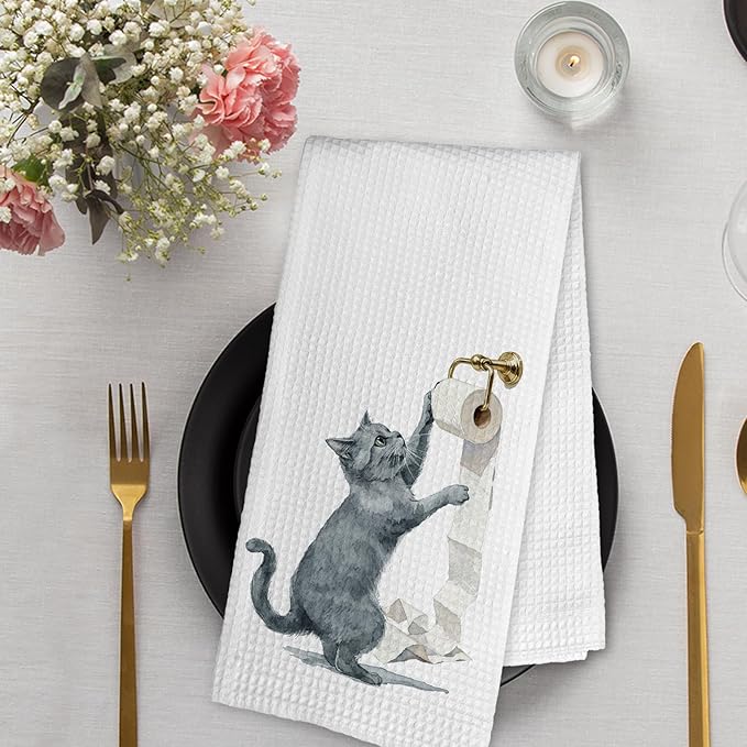 Funny Gray Cat Gifts Hand Towels for Bathroom Washroom Toilet Decor, Grey Cat Lover Gift Decorative Hand Towels Set of 2, Cute Cats Themed Dish Tea Towels for Kitchen Decorations, 16x24 Inch