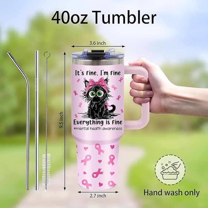 Cute Cat Lovers Gift - 40oz Fine Cats Themed Insulated Tumbler with Handle, Funny Cat Mom Gifts for Women & Girls, Stainless Steel Travel Mug, Birthday Christmas Anniversary Present