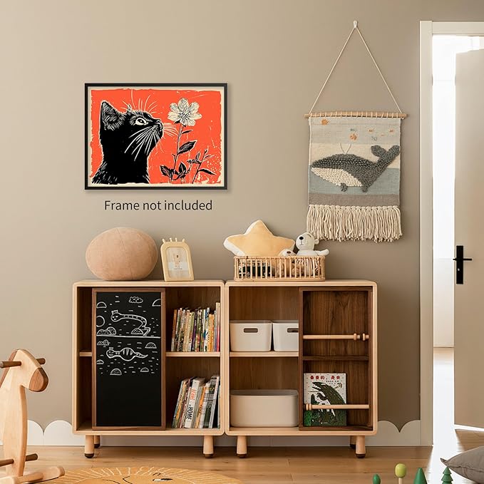 OMANI Black Cat Posters Vintage Animal Botanical Wall Art Cute Cat Sniffing Flower Canvas Painting Gift For Cat Lover Living Room Gallery Wall Decor 08x10 inch Unframed