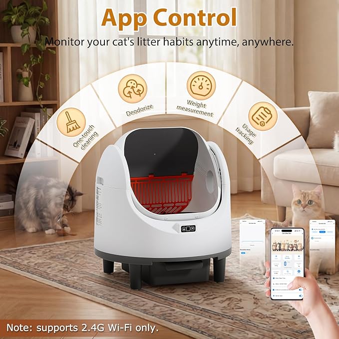Self-Cleaning Cat Litter Box, Open-Top Automatic Litters Box for Multiple Cats, Smart Litter Boxs with App Control, Safety Sensors, Removable Washable Liner