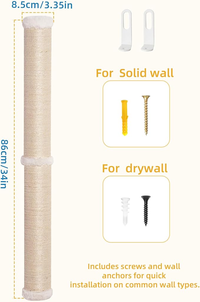 Aechonow 68" Cat Wall Scratcher, 2-Pcs of 34inch Tall Sisal Scratching Post, Wall Mounted Cat Pole for Indoor Large Adult Cats Climb Stretch Play