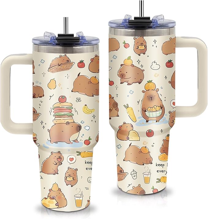 Capybara Gifts - 40oz Capybara Tumbler with Straw and Handle, Leak-proof, Stainless Steel Insulated Tumblers, Travel Coffee Mug for Capybaras Lovers, Capybaras Enthusiasts Gift Birthday Cup for Women