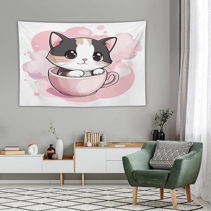 MaSiledy Kawaii Cat Tapestry's Wall Hanging Pink Smile Kitten Cat Face Meow Tapestry Aesthetic Landscape Tapestry Home Decoration for Bedroom Living Room Dorm 60"x90" Gift for Christmas