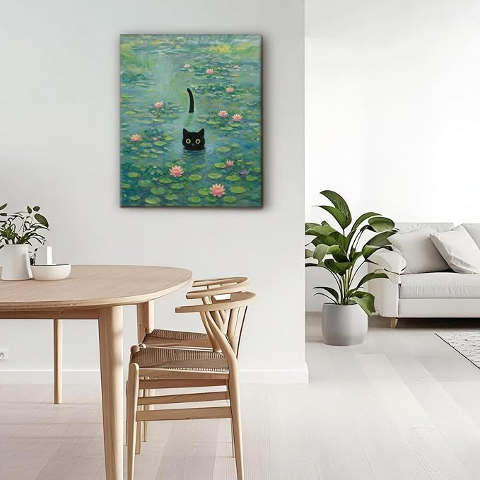 Funny Cat in Water Lilies Wall Art, Vintage Monet-Style Bathroom & Bedroom Decor, Ready to Hang Aesthetic Cat Gift for Dorm, Living Room, Wrapped Framed Canvas Print(16’’x20’’)