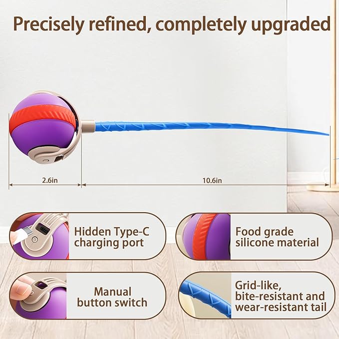 Interactive Cat Toy Ball, Automatic Moving Cat Toy with 2 Speed Modes Bite-Resistant Mouse Tail Bird Chirping Sounds Indoor Play Ball for Cats (Purple)