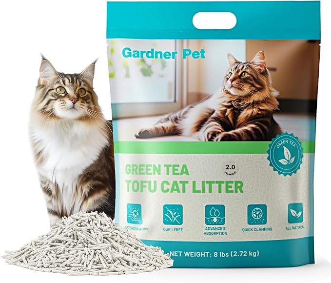 Gardner Pet Natural Tofu Cat Litter, Cat Litter with Green Tea Extract – Dust-Free, Fast Clumping, Flushable, and Odor Control for Multi-Cat Homes, 6lbs