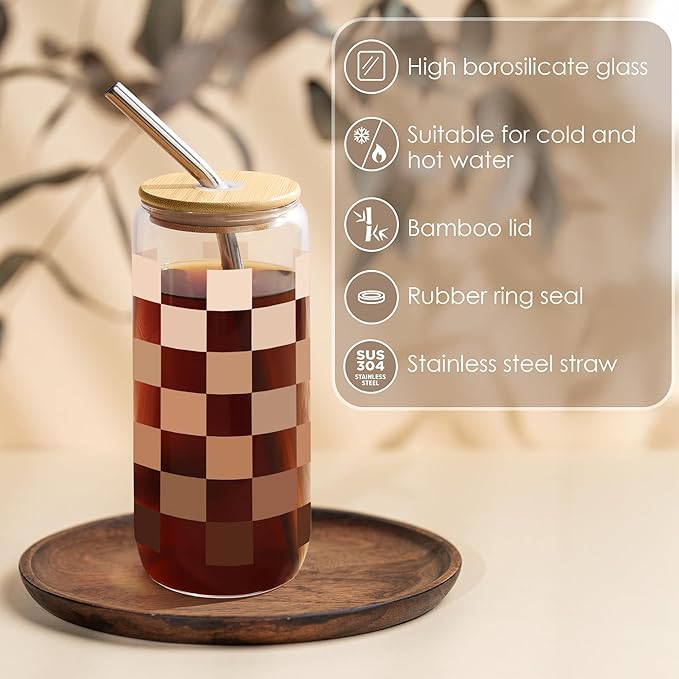 Joeyan Checkered Glass Cups with Lids and Straws - 20oz Iced Coffee Cup with Positive Crochet Mug, Cute Glass Tumbler for Smoothie Boba Tea, Inspirational Coffee Gifts, Birthday Mothers Day Gift