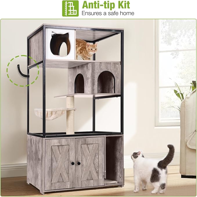 GUTINNEEN All-in-One Cat Litter Box Enclosure Hidden Litter Box Furniture with Cat Tree, Scratching Post, Cozy Cat Cave, Hanging Hammock, Storage Cabinet, Durable & Space-Saving (Grey)