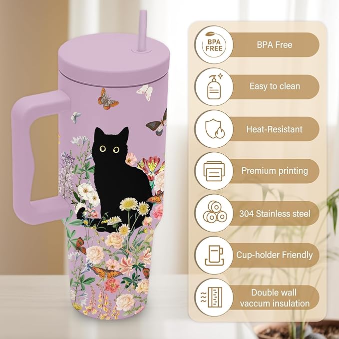 Cat Lover Gifts For Women, Stainless Steel Tumbler With Handle 40 Oz, Best Gifts For Cat Lovers, Birthday Christmas Valentine Anniversary Floral Gift For Women, Floral Tumbler Mug Cup