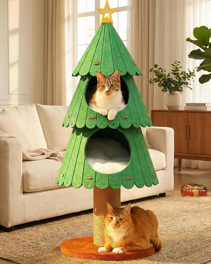 MUTTROS 42.9 Inch Cat Tree for Indoor Cats, Cute Cat Tower with 2 Cozy Houses, Holiday Kitty Climbing Furniture for Kittens to Play and Sleep