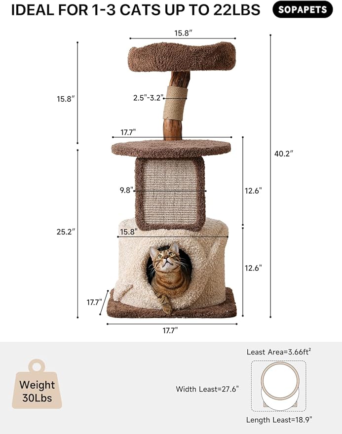 Modern Cat Tree for Large Cats, 40 Inch Solid Wood Cat Tower & Luxury Condo for Indoor Cats Adult, Heavy-Duty Cat Tree for Maine Coon, Stable Multi-Level Scratching Post, Cozy Perch & Hideaway, Brown