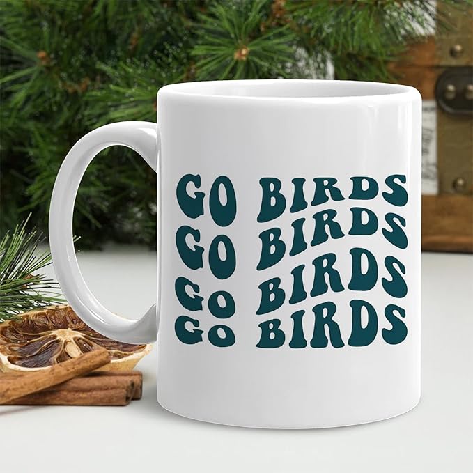 Go Birds Groovy Green Football Mug, Football Lover Fan Player Gifts Coffee Cup Ceramic, Footballs Gifts for Women Men Ceramic Coffee Tea Mug 11 oz