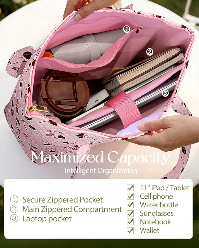 Miss Adola Quilted Tote Bag with Zipper - Laptop Tote Bag for Women, Large Capacity with Pockets for Work Teacher Travel