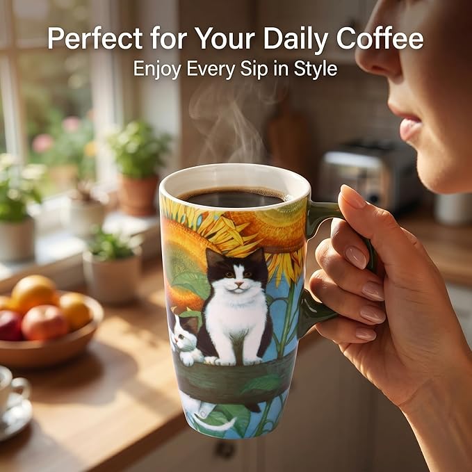 Topadorn Coffee Ceramic Mug 17oz Porcelain Latte Tea Cup With Lid, Perfect for Coffee and Tea, Holiday Gift Her Him, Cat