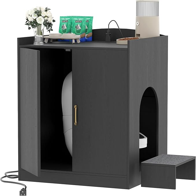 Heybly Litter box Enclosure,large Cabinet with Charging Station,Wooden Cat Litter Box Enclosure Furniture for Self-Cleaning Robot 3 & 4,Hidden for Smart Litter Box Size for senior cats,Black HCLB005BK