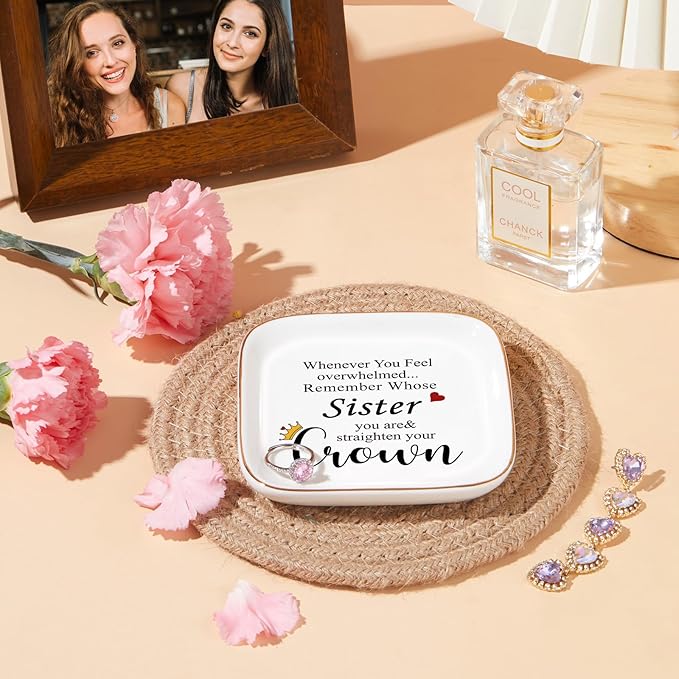 PUDDING CABIN Sister Birthday Gift Jewelry Dish – Remember Whose Sister You Are & Straighten Your Crown – Inspirational Trinket Tray for Big or Little Sister Mother’s Day Christmas Graduation Present