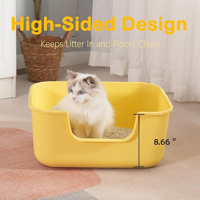 Large Cat Litter Box with High Sides,Cat Boxes for Indoor Cats,Cat Litter Pan for Kitty,Litter Box with Low Entry,Easy to Clean,Anti-Splashing (Grey-Long Side Entry)