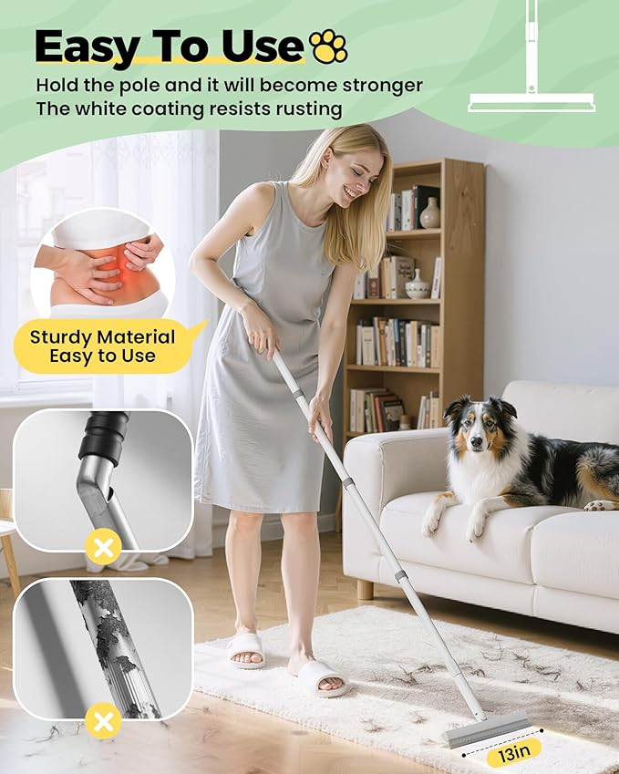 Carpet Rake for Pet Hair Removal Tool - 4 in 1 Pet Hair Remover Kit for Dog Cat Fur Remover, Contain 60" Adjustable Rubber Broom, Glove, Magic Brush and Scraper for Home Furniture, Rugs (Grey)