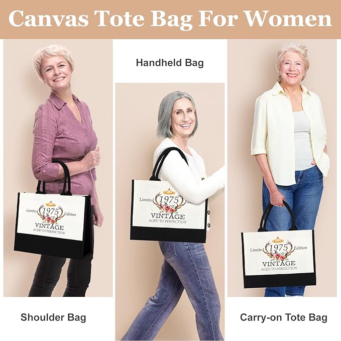 GevGuxLuo 50th Birthday Gifts for Women Canvas Tote Bag, 50 Years Old Birthday Gifts for Mom Wife Aunt Friends Her,Turning 50 Beach Bag Reusable Grocery Bag 1975 Women Tote Bag