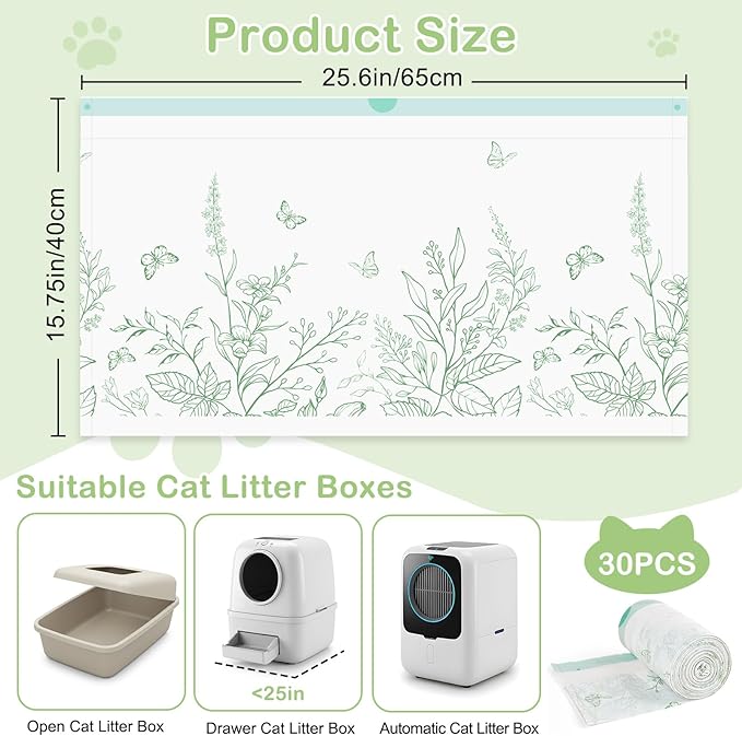 Glittme Heavy Duty Cat Litter Box Liners 26"x16" - Drawstring Litter Bags for Automatic Self-Cleaning Litter Boxes -Thick & Tear Resistant Refills for Small Trays (60 Counts)