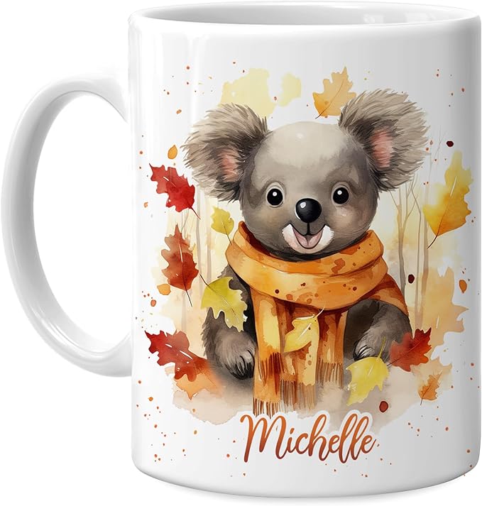 Hyturtle Personalized Fall Koala Coffee Mug - Birthday Gifts For Koala Lovers - Fall Autumn Decor Gifts For Farmhouse Thanksgiving - Custom Name 11oz White Ceramic Coffee Tea Mug