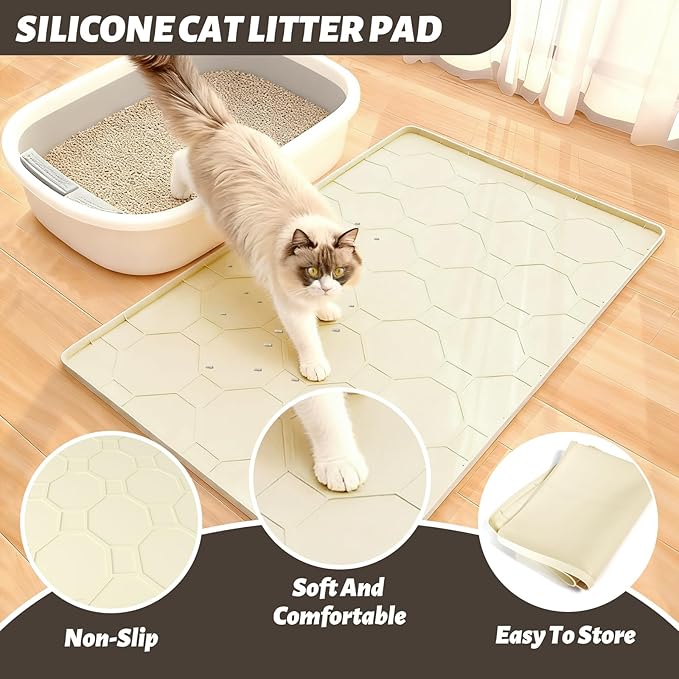 Silicone Cat Litter Mat for Litter Box-28" X 22" Litter Mat for Cat, Waterproof & Leak-Proof Trapping Design, Non-Slip Durable Easy to clean (Beige)