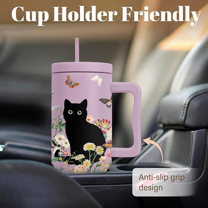 Cat Lover Gifts For Women, Stainless Steel Tumbler With Handle 40 Oz, Best Gifts For Cat Lovers, Birthday Christmas Valentine Anniversary Floral Gift For Women, Floral Tumbler Mug Cup