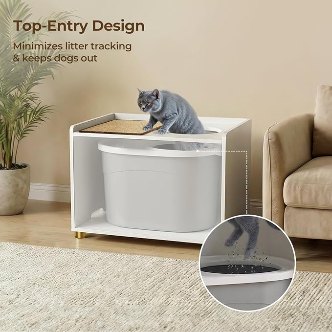 Top Entry Litter Box Enclosure, Flip Top Cat Litter Box Furniture with Scratch Mat, Stylish Hidden Cat Washroom for Large Cats (White)
