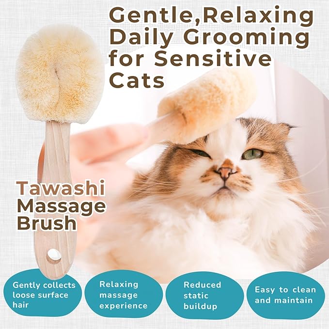 Cat Brush for Indoor Cats – Soft Gentle Natural Sisal Cat Grooming Brush & Cat Massage Brush, Collects Loose Surface Fur (Not a Heavy Deshedding Tool), Handmade in Japan (Type-B)