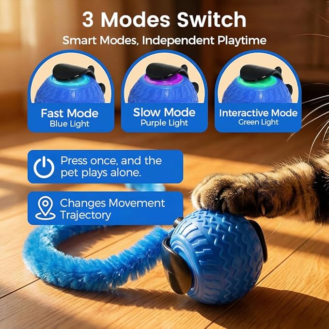 Interactive Cat Toy Ball for Indoor Cats, 2026 Automatic Moving Cat Toy with Feather Tails, 3-Mode Activated Self Rolling Smart Ball, Rechargeable Toy for Small Medium Large Cats (Orange)