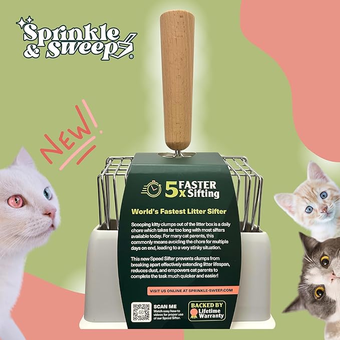 Cat Litter Scoop, Metal Litter Scooper – 5X Faster No-Shake Sifting Design, Stainless Steel Litter Scoop with Holder, Reduces Dust & Waste – Sprinkle & Sweep