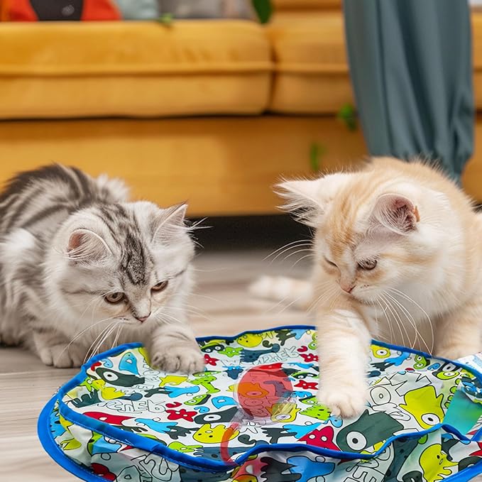 Interactive Cat Toy for Indoor Cat, Hide and Seek Cat Toy, Play Mat Toys with Self Rolling Ball in Pouch, Motion Activate&Buzzing, Rechargeable Pet Teaser Toy (Blue)