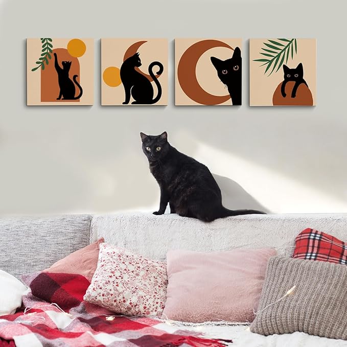 4 PCs Boho Cat Canvas Wall Art Framed Wall Decor, Botanical Wall Decor Bohemian Decor, Cat Lover Gifts, Cat Themed Gifts Art Prints Paintings, Cat Pictures Home Decor for Office Bedroom Farmhouse