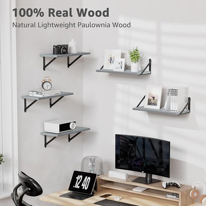 COCOYA Wall Shelves 7.3" Deep Set of 3, Solid Paulownia Wood Wider Longer Sturdy Easy to Install Wall Mounted Bookshelves Storage Shelves Bathroom Home Office Laundry Room Bedroom Organizer Gray