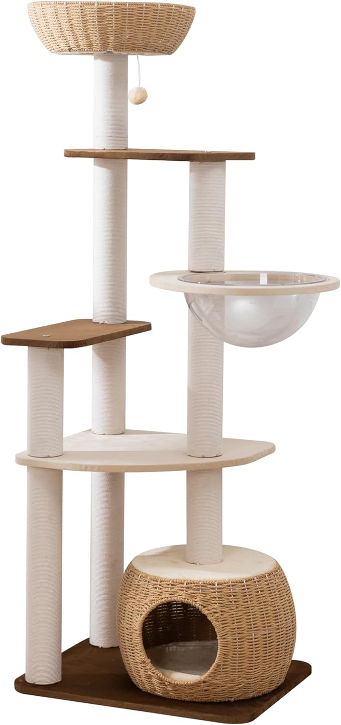 63'' Cat Tree for Large Cats, Modern Indoor Cat Tower with Basket Beds, Cat Condo & Clear Bowl, Multi-Level Wood Cat Furniture for Home Living Room Decor