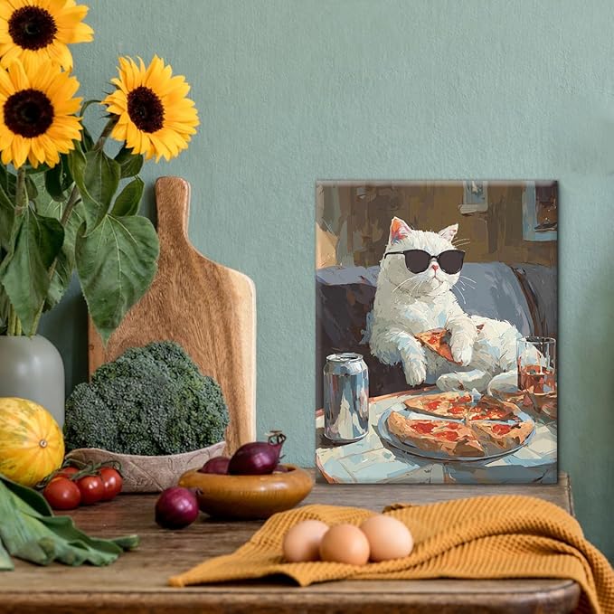 Vintage Cool Cat Wall Art Decor Couch Potato Pet Print Picture Cat Lover Gifts Wall Decor for Home Living Room 8x10 Inch Canvas Framed