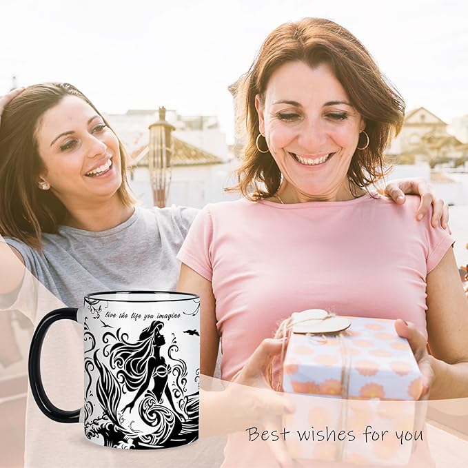 Mermaid Coffee Mug 11 Oz Mothers Day Birthday Gifts for Women, Black and White Mugs, Birthday Gift for Women Friendship, Mermaid Coffee Cup Adult Gifts for Friends, Mom, Grandma
