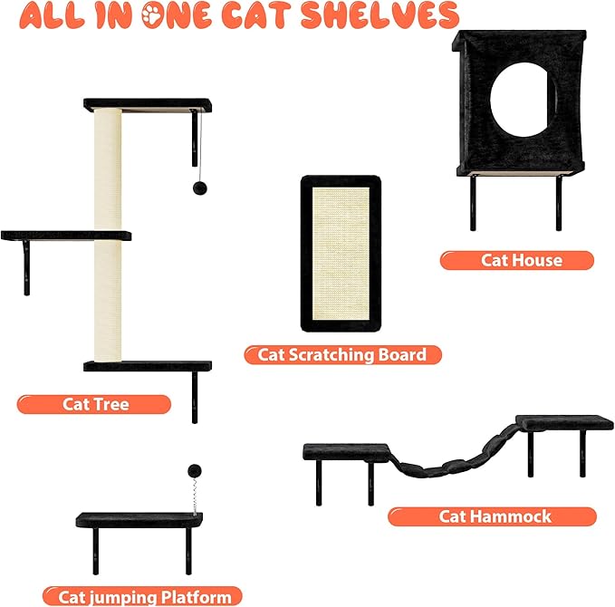 10 Pcs Cat Wall Shelves Set, Wall-Mounted Climber with Cat House, Scratching Post, Bridge, Hammock, Space-Saving Play Furniture, Black