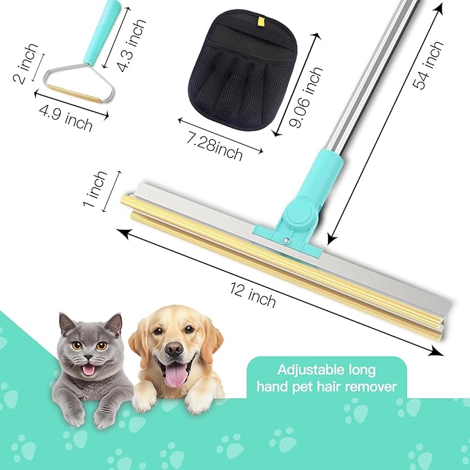 Carpet Rake for Pet Hair Removal - 3 in 1 Reusable Cat Dog Hair Remover Scraper with Adjustable Long Handle, Carpet Clean Gloves & Cat Dog Fur Rakes Scraper Broom for Couch, Rugs, Mats and Cars