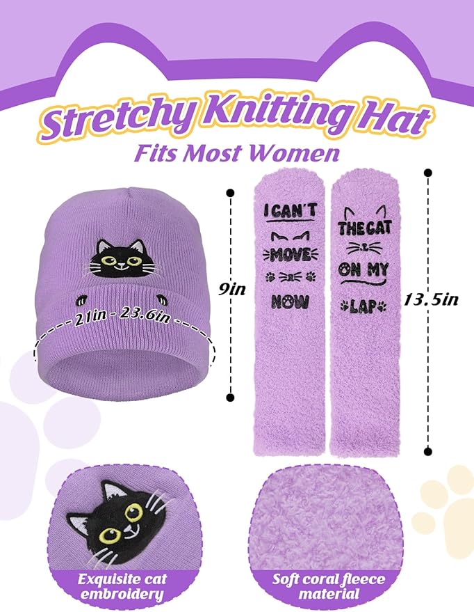 Cat Beanie and Funny Socks for Women - Cute Warm Gifts for Cat Lovers