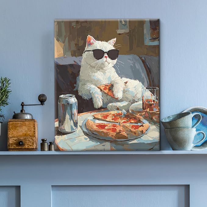 Vintage Cool Cat Wall Art Decor Couch Potato Pet Print Picture Cat Lover Gifts Wall Decor for Home Living Room 8x10 Inch Canvas Framed