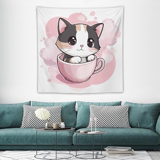 MaSiledy Tapestry Kawaii Cat Tapestries for Bedroom Aesthetic Cat Lover Gifts Tapestry As Wall Art Wall Hanging for Bedroom Living Room Dorm Landscape 60"x60" Tapestries for Bedroom Living Room Dorm